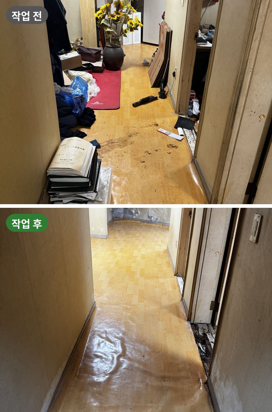 고독사 특수청소 복도 바닥 세척 작업 전후 비교